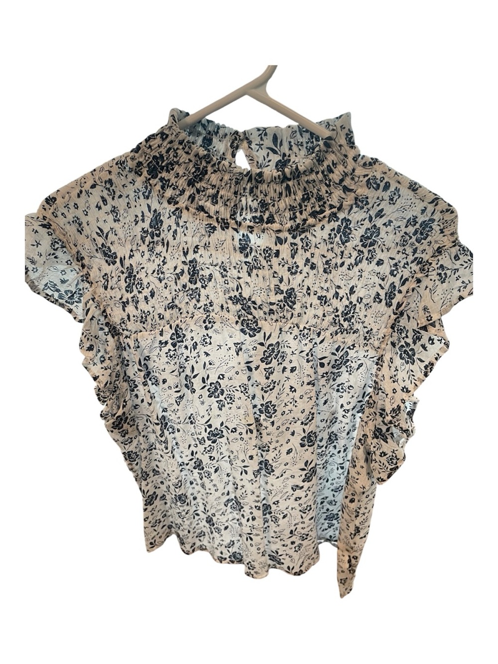 Adiva Cream and Navy Floral Smocked Ruffle Sleeve Top